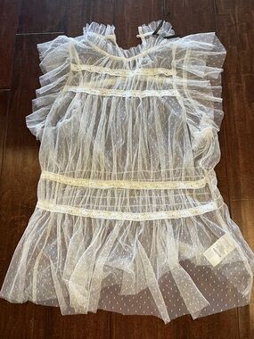 Anthropologie Sheer Dot-Trim Ivory/Tan Ruffle Top